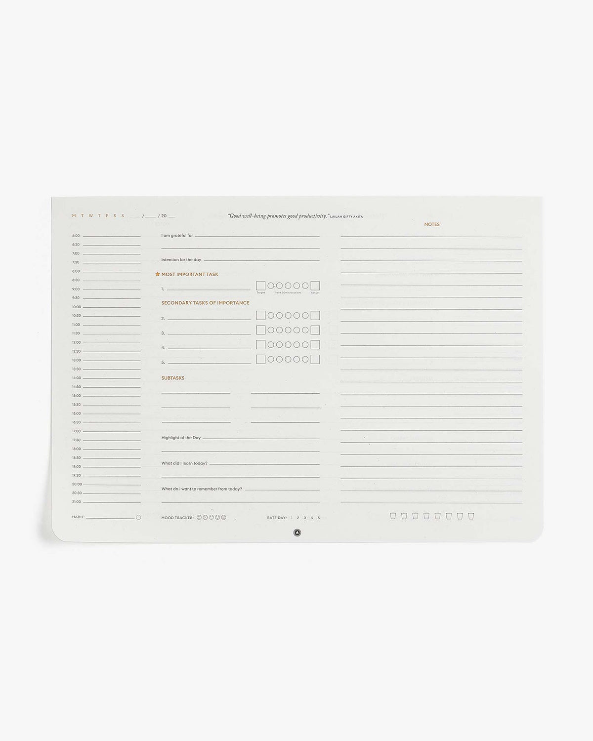 A daily planning sheet from the Productivity desk pad with lined sections