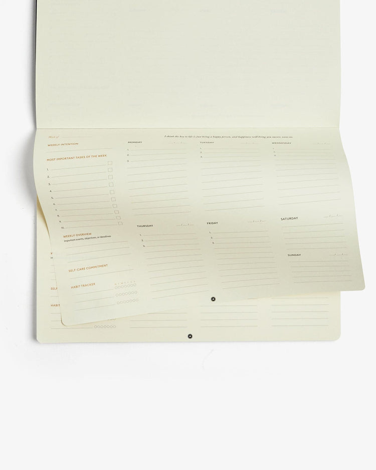 Close-up of the Productivity Weekly Desk Pad layout with priorities section