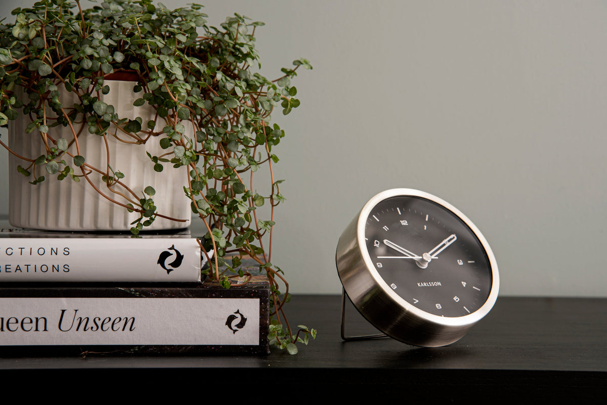 Karlsson Tinge Alarm Clock with brushed steel rim, close detail of the dial
