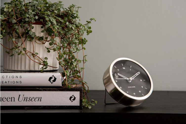 Karlsson Tinge Alarm Clock with brushed steel rim, close detail of the dial