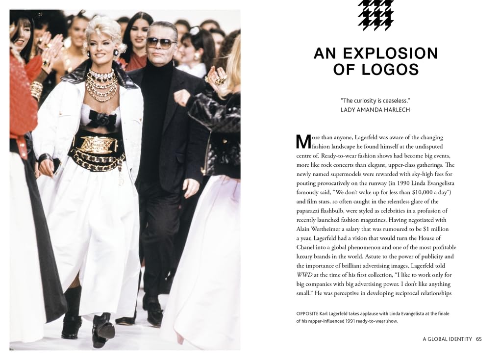 The Story of Chanel illustrated page spread with Chanel accessories and fragrance