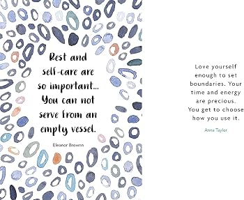 Self-Care spread with an Eleanor Brownn quotation on rest, framed by a pattern of painted pebbles
