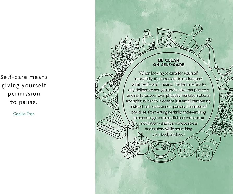 Self-Care spread headed Be Clear on Self-Care, in soft green with line drawings of a bath, candle and plants