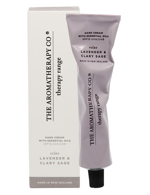 Therapy Relax Lavender & Clary Sage hand cream in a crinkled metallic lilac tube beside its box