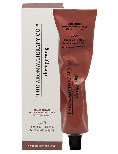 Therapy Uplift Sweet Lime & Mandarin hand cream in a crinkled metallic terracotta tube beside its box