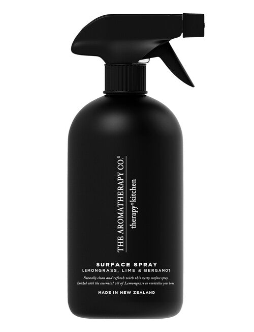 Therapy Kitchen Lemongrass Lime and Bergamot surface spray in a black trigger bottle