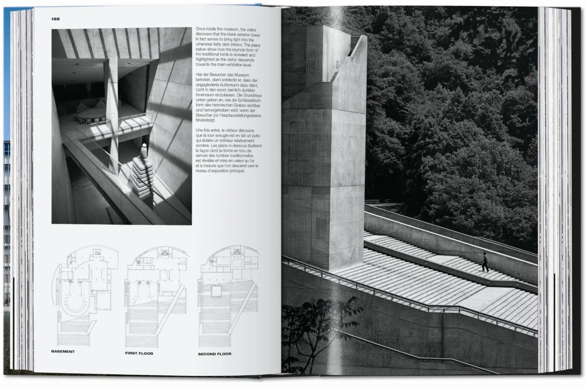 Ando Complete Works spread with black and white interior photography, floor plans and a concrete terraced exterior