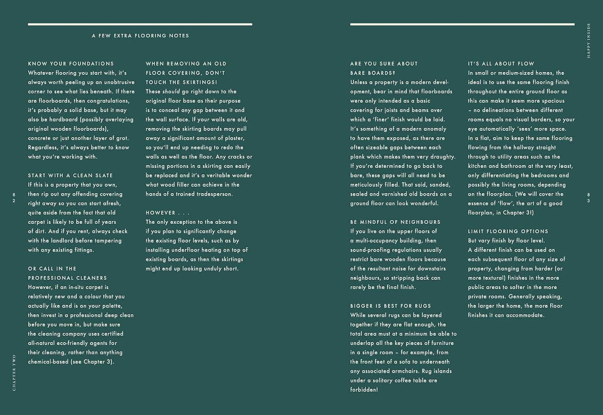 Spread of text on dark green pages