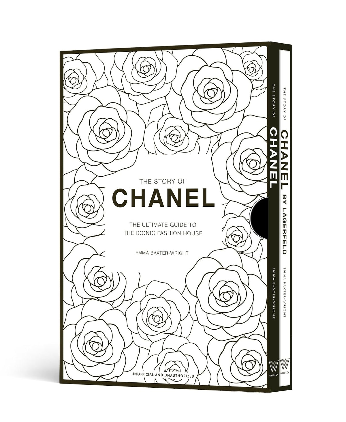 The Story of Chanel two-book gift set in a black and white rose-print slipcase