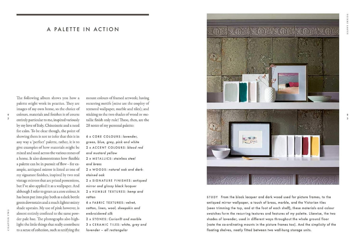 Spread with text and a photo of shelves with framed art