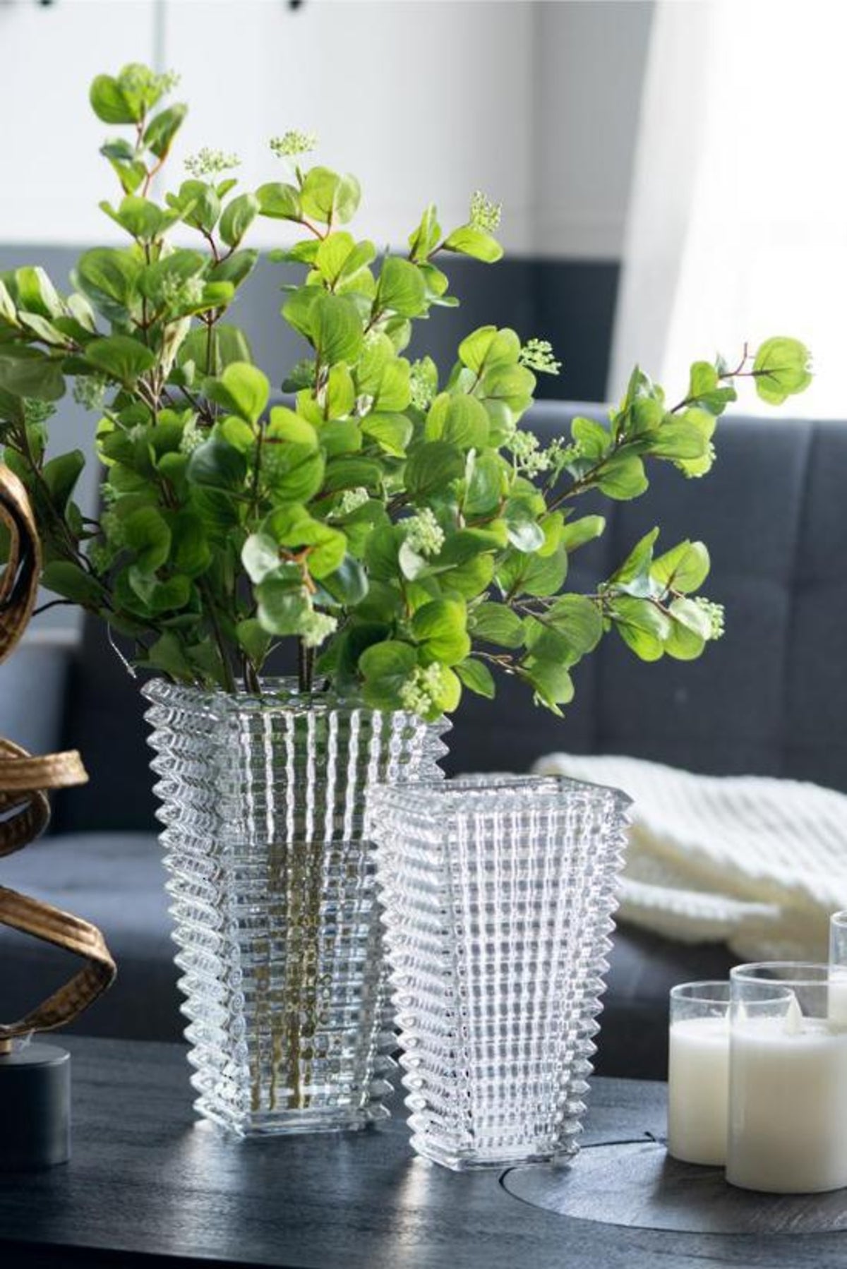 Facet rectangular cut glass vase styled with greenery in a room setting
