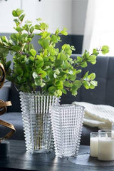 Facet rectangular cut glass vase styled with greenery in a room setting