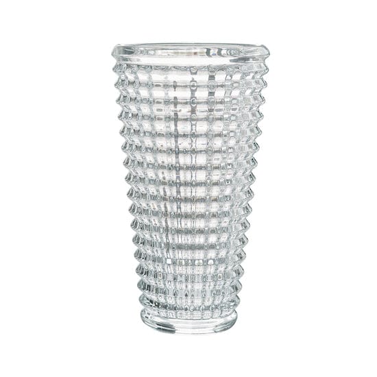 Faceted cut glass vase with rows of raised beading around a tapered cylinder