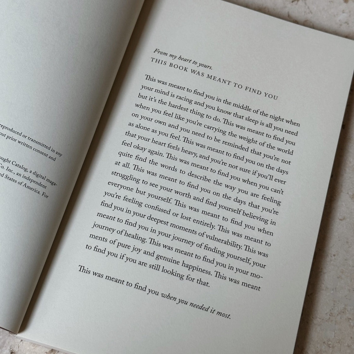 An open book, "This Was Meant To Find You (When You Needed It Most)", by Thought Catalog, with text on it.