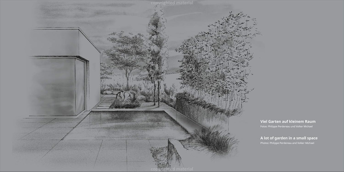 Nature Aesthetics Design pencil perspective drawing of a courtyard garden with a reflecting pool