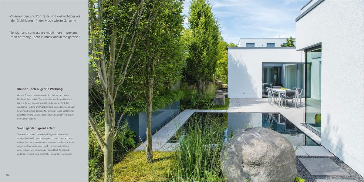 Nature Aesthetics Design spread headed Small Garden, Great Effect, with a narrow pool beside a white house