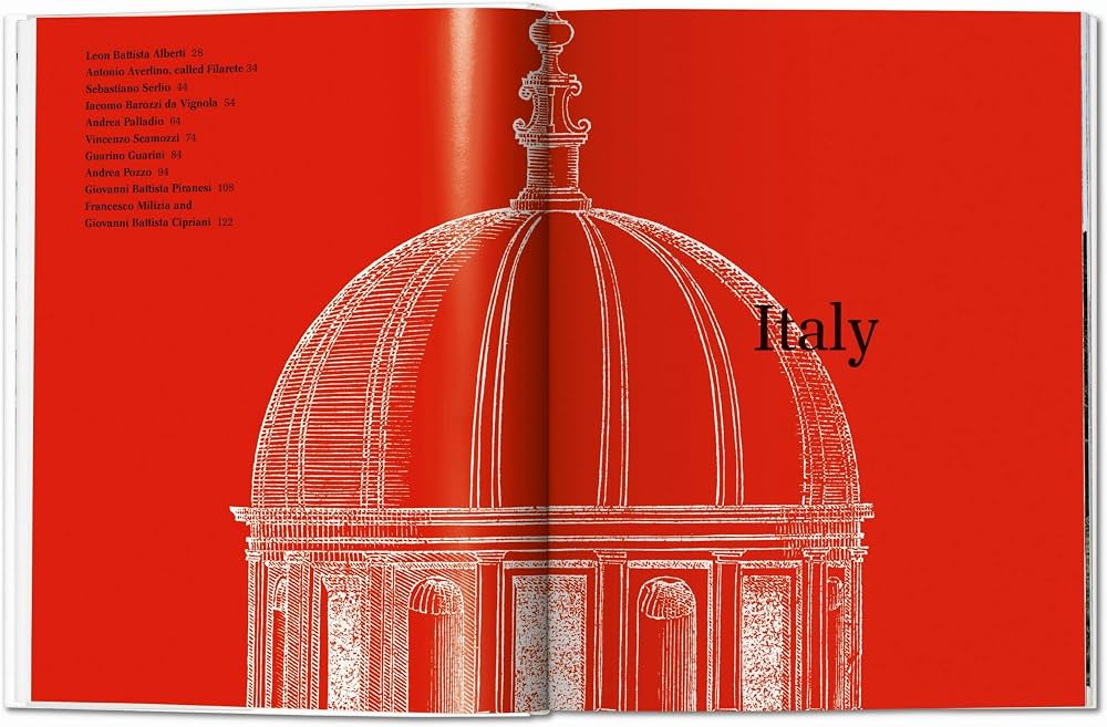 Architectural Theory spread opening the Italy section, with a red page and a line drawing of a dome