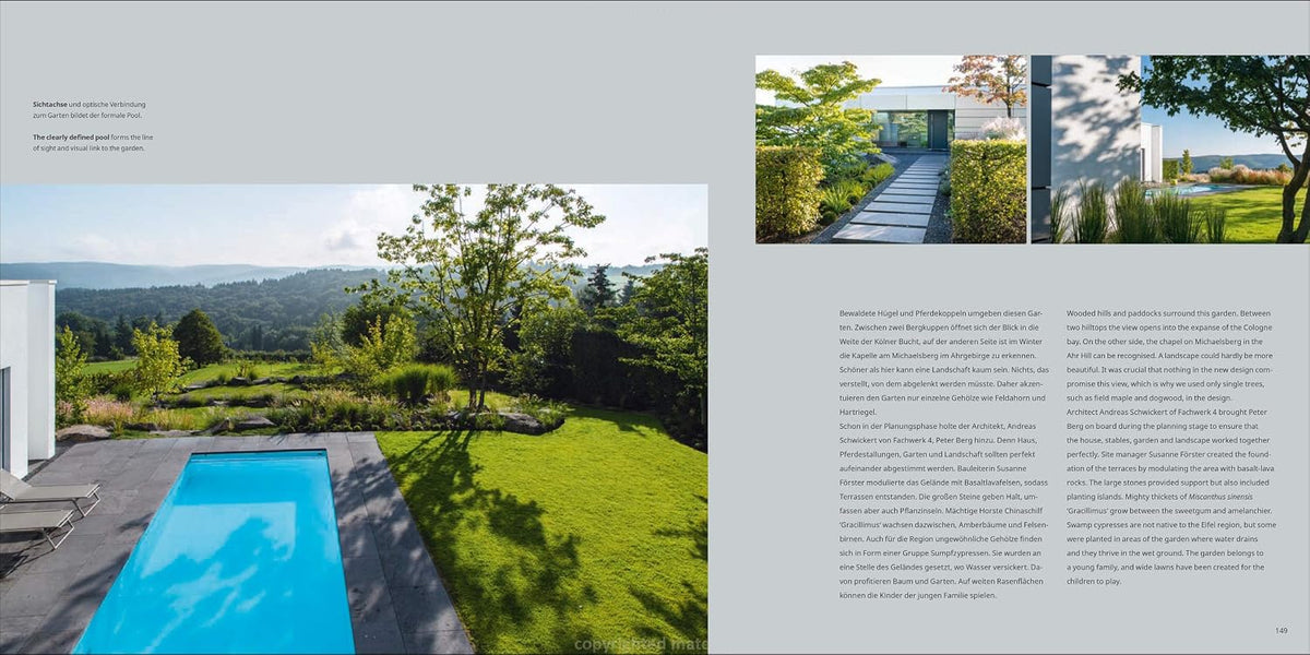 Nature Aesthetics Design spread with a blue swimming pool set into lawn, looking out over hills