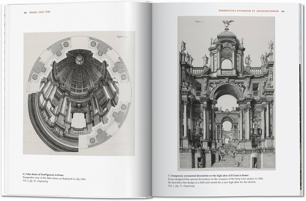 Architectural Theory spread with engravings of a dome in section and an ornamental festival structure
