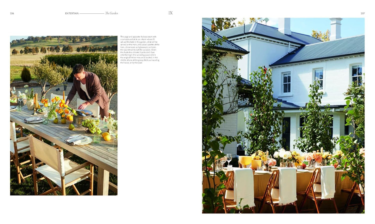 Spread with photos of outdoor dining among hedges