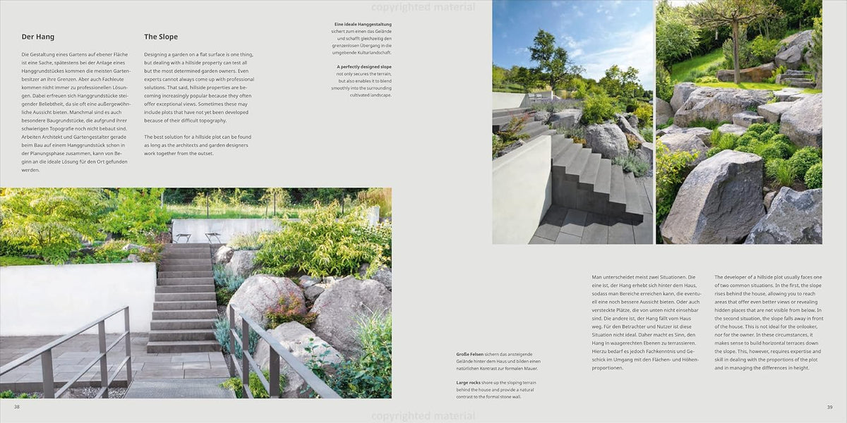 Nature Aesthetics Design spread on slopes, with stone steps climbing a planted bank