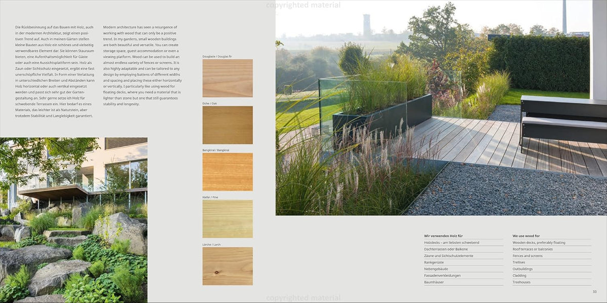Nature Aesthetics Design spread on timber materials, with sample swatches and a raised deck in grasses