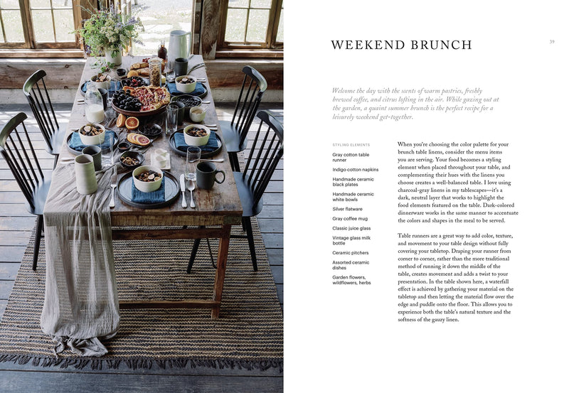 A page from the "Natural Tables: Nature-Inspired Tablescapes for Memorable Gatherings" cookbook featuring a beautifully styled table set for a weekend brunch showcasing nature's beauty by Books.