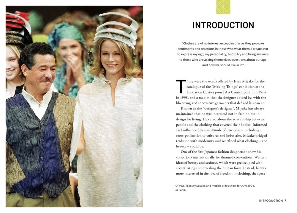 Little Book of Issey Miyake introduction spread with Issey Miyake and models at a Paris show