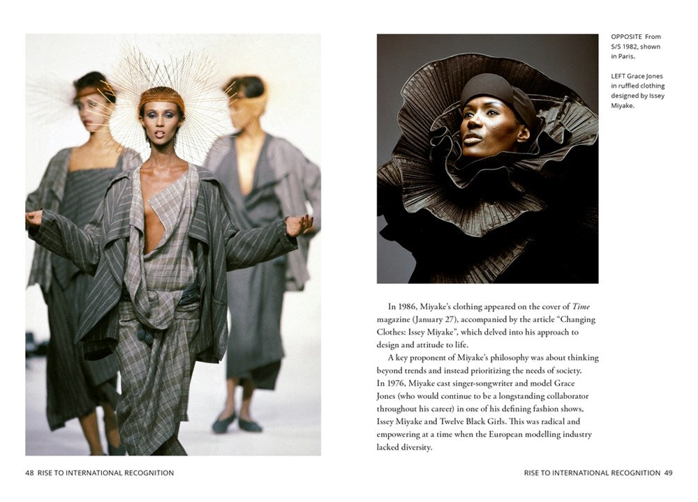 Little Book of Issey Miyake spread on rising international recognition, with layered grey looks and a sculptural pleated collar