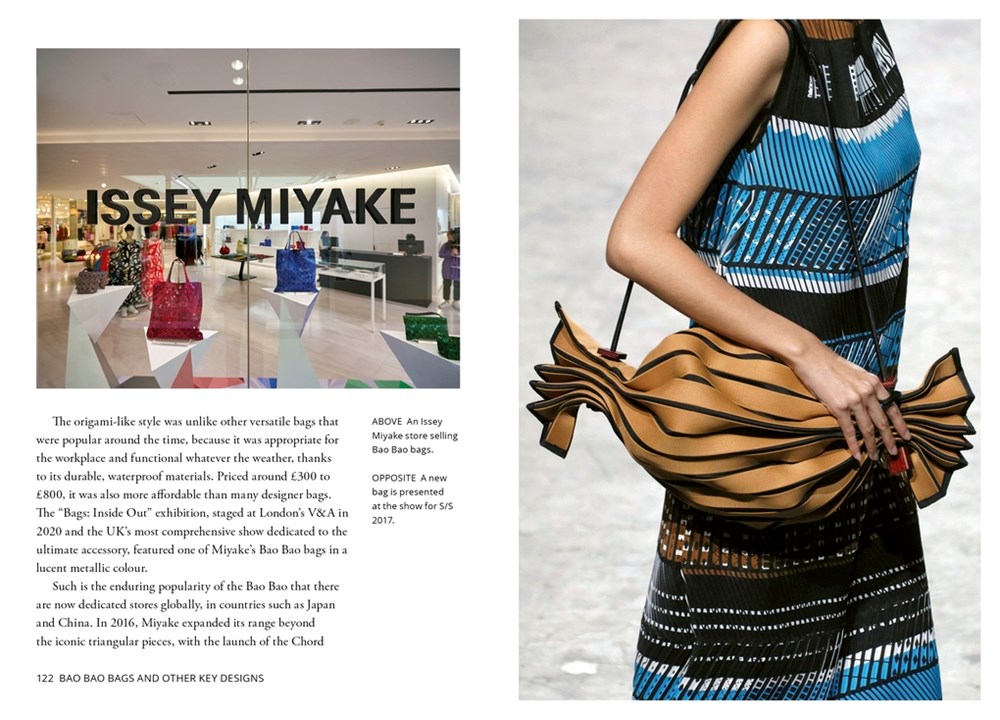 Little Book of Issey Miyake spread on bags and key designs, showing an Issey Miyake store and a Bao Bao bag
