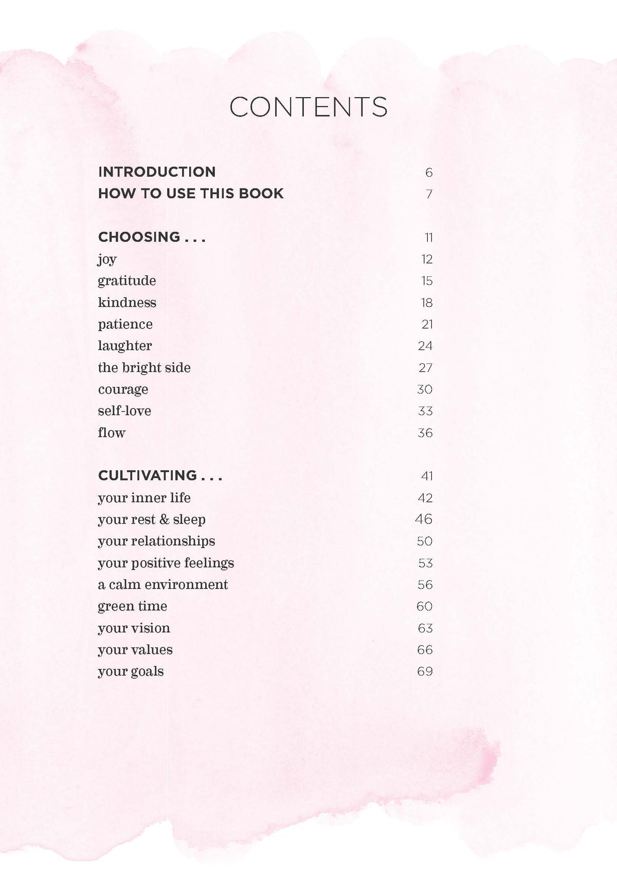 Be Happy contents page listing the Choosing and Cultivating sections on a soft pink wash