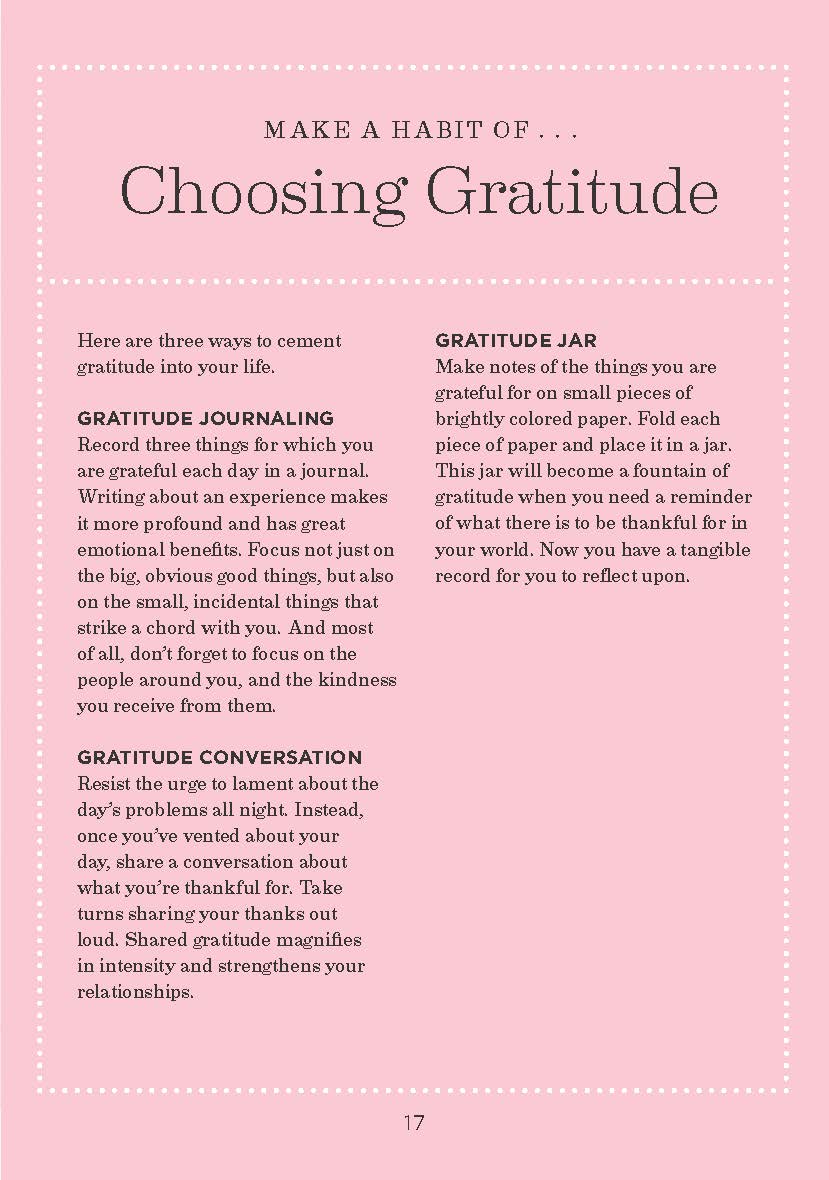 Be Happy page headed Choosing Gratitude, on pink, with tips on gratitude journalling and a gratitude jar