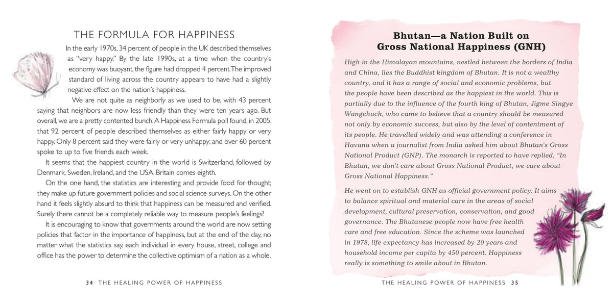 Be Happy spread on the formula for happiness and Bhutan's Gross National Happiness measure