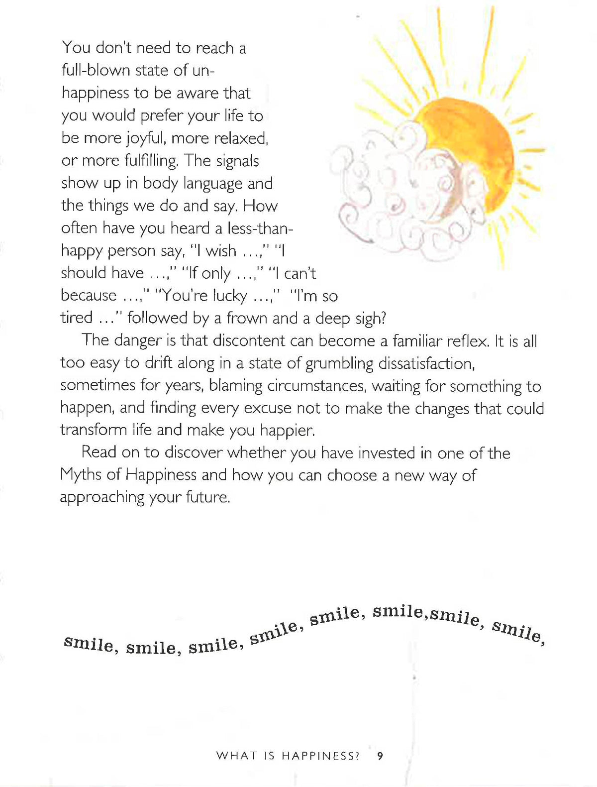 Be Happy page on recognising unhappiness, with a sun and moon watercolour illustration