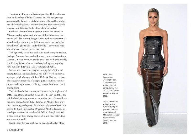 Little Book of Dolce and Gabbana introduction spread with a black leather gown on the red carpet