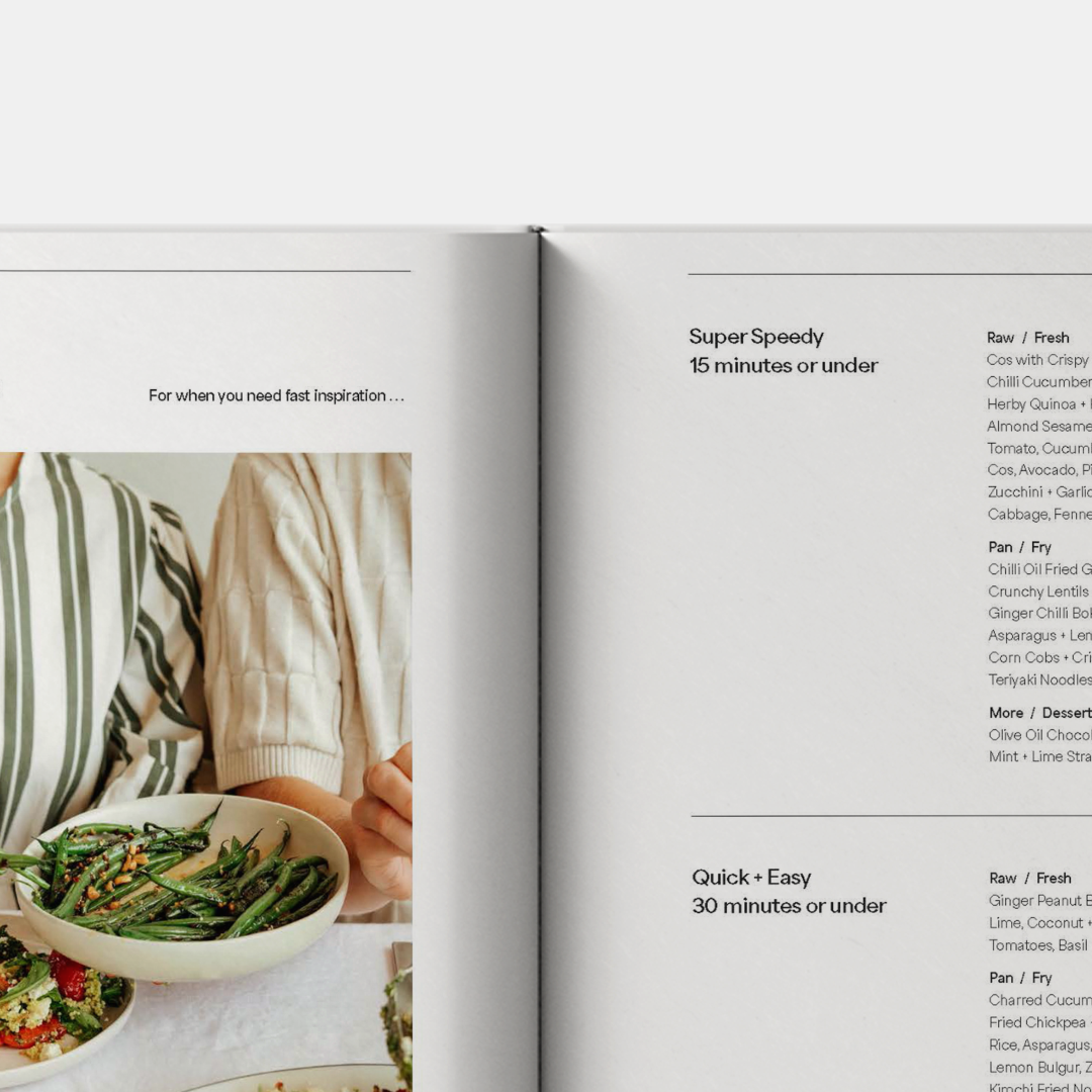 More Salad cookbook page spread showing a seasonal recipe