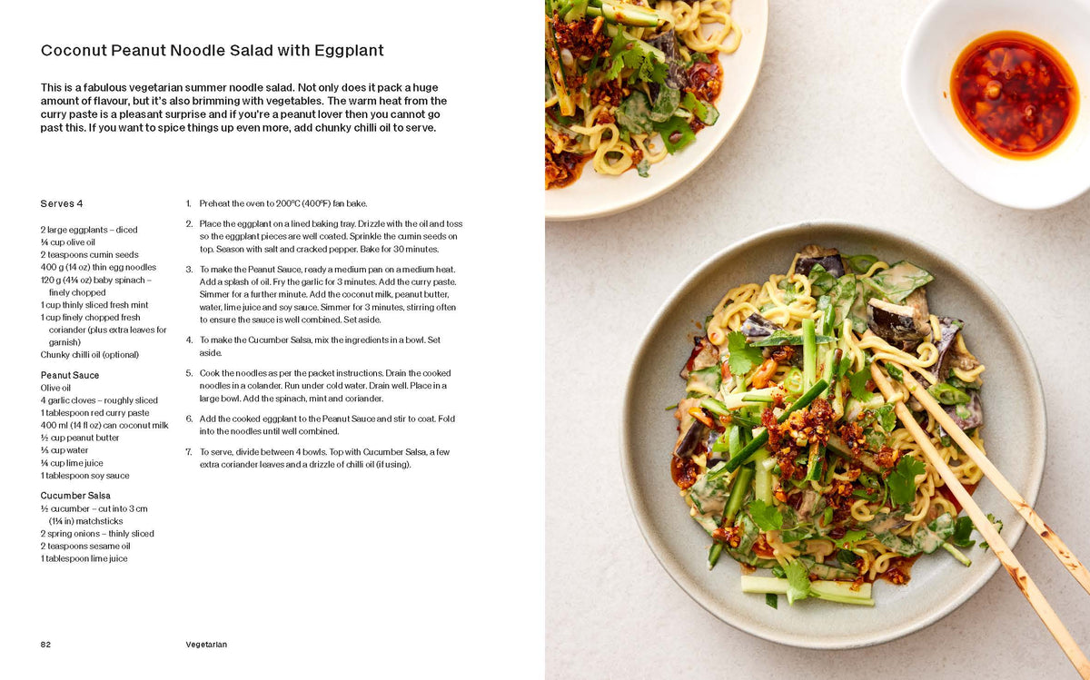 Seriously Delicious cookbook page spread showing a main meal recipe