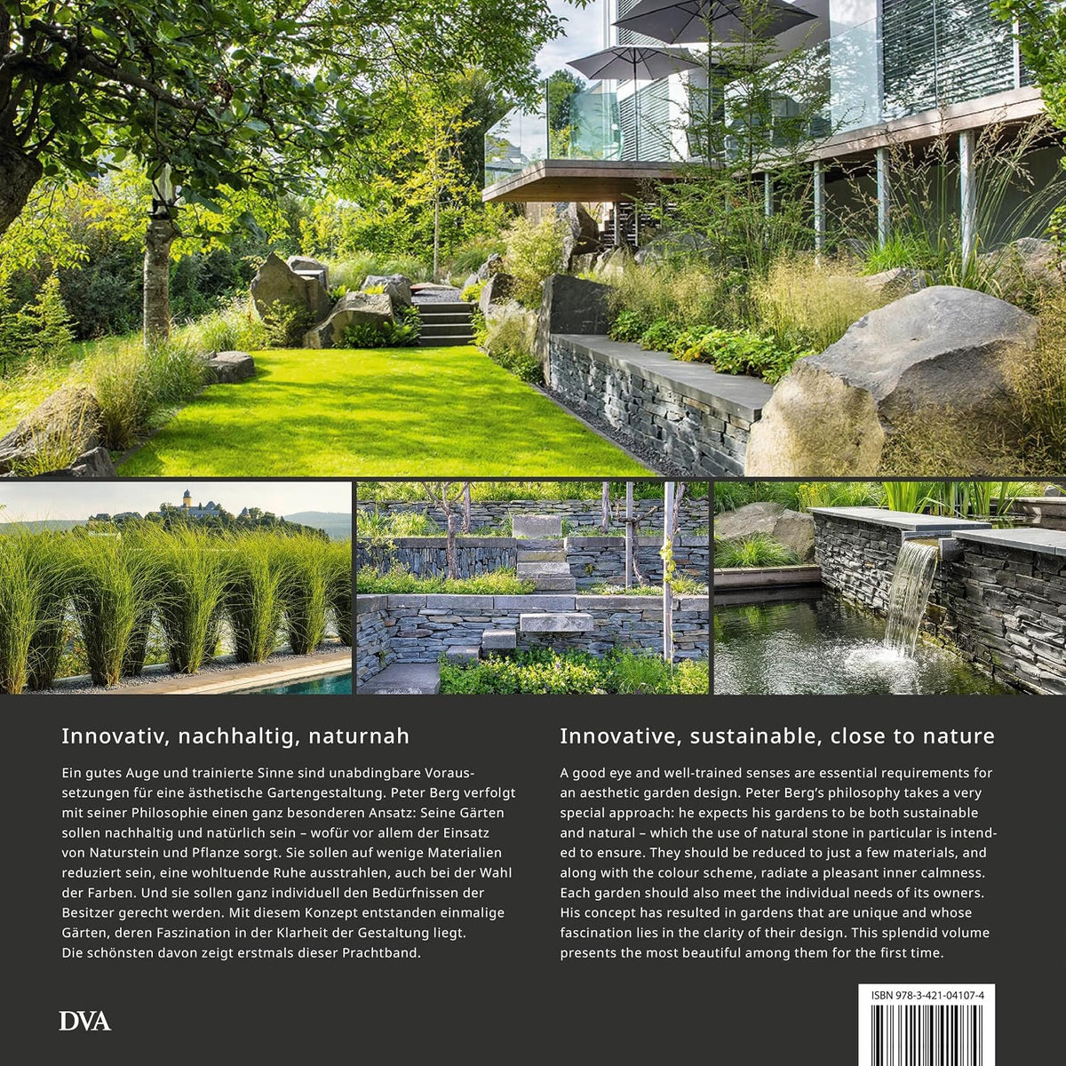 Nature Aesthetics Design spread headed Innovative, Sustainable, Close to Nature, with a terrace, lawn and stone walling