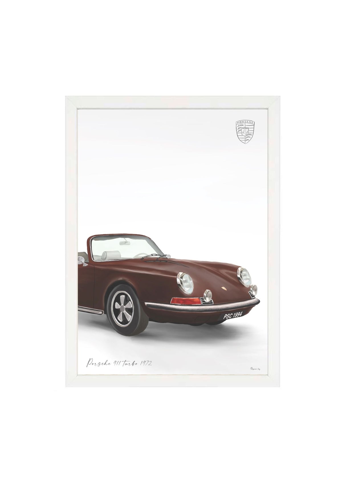 Classic 911 Car Print in Brown by Papier HQ in a matte white frame, a brown sports car on a neutral background