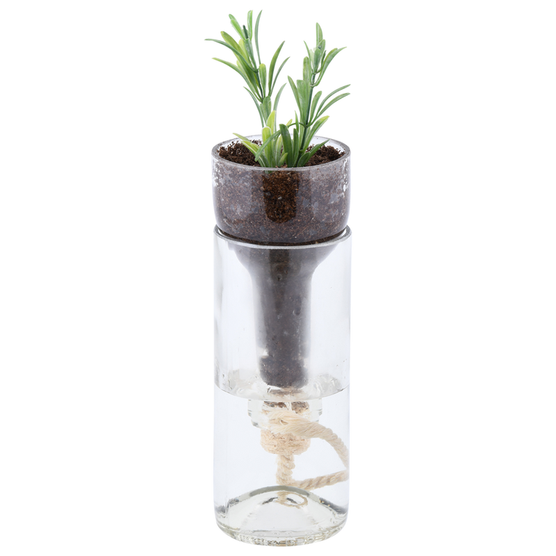 An Esschert Design self-watering bottle planter featuring a small plant, with product dimensions included.
