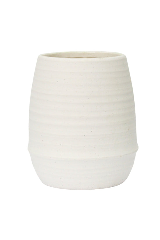 Medium Alma ribbed ceramic vase in matte chalk on a white background