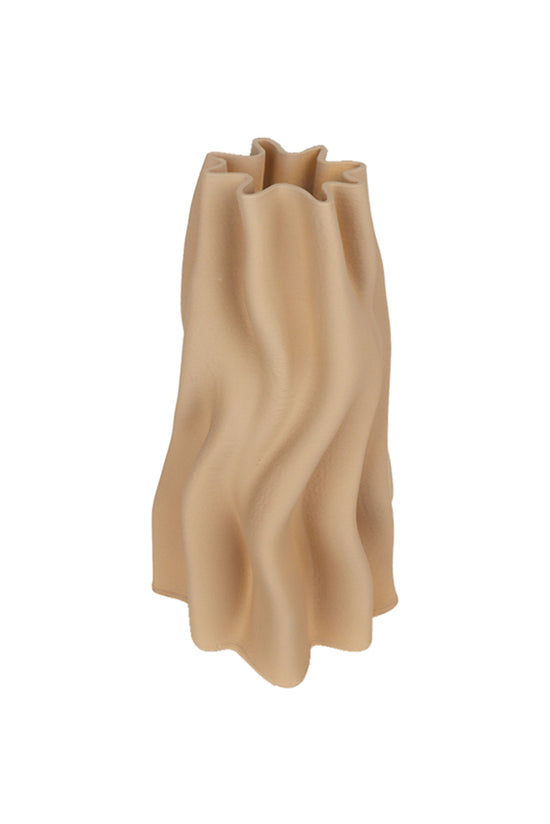 Anouk vase in beige porcelain, soft vertical folds rising to a crimped opening