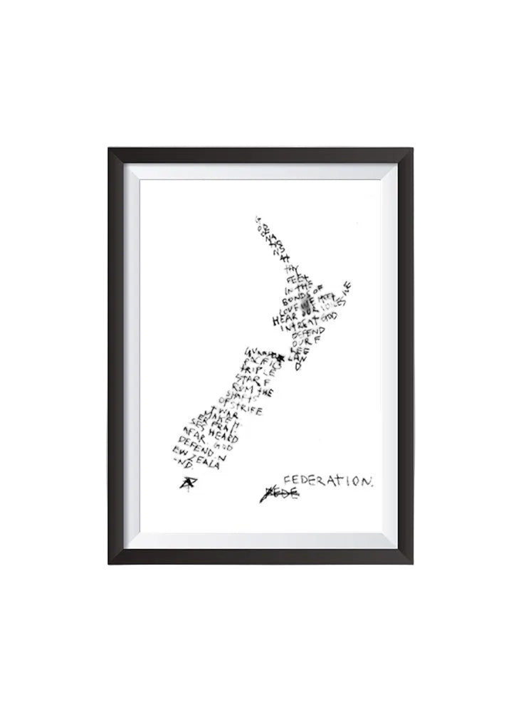 Anthem A3 print in black by Federation, map of New Zealand formed from handwritten words, shown in a black frame