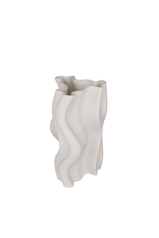 Arti vase in white ceramic, a column of soft vertical waves with a small ruffled rim