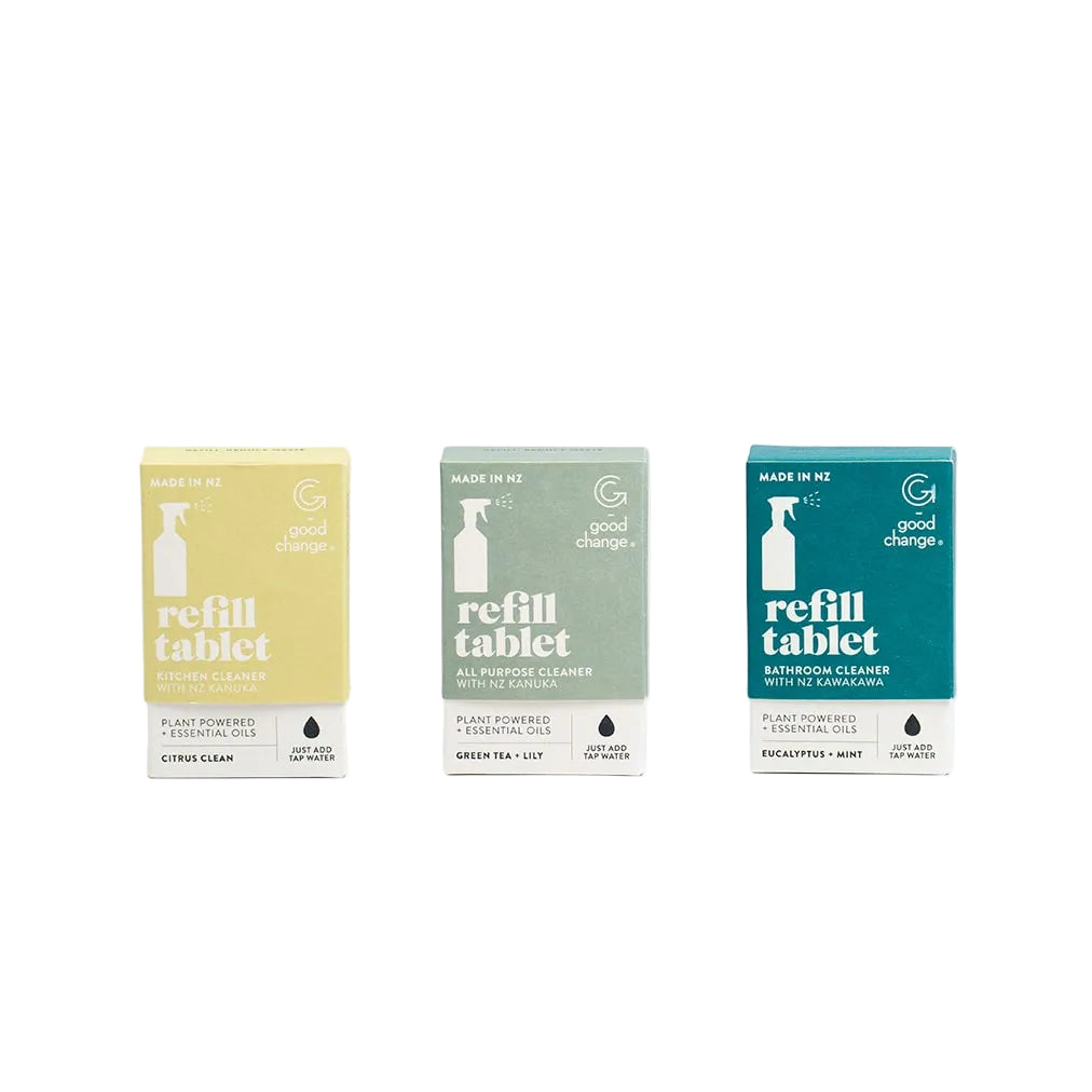 Good Change refill cleaning tablets in kitchen, bathroom and all-purpose sachets