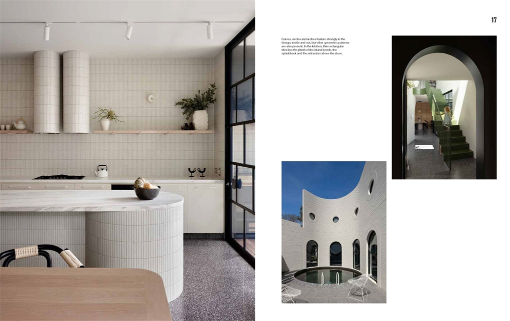 Architecture at the Heart of the Home spread showing a pale ribbed kitchen island with terrazzo floor and steel framed doors