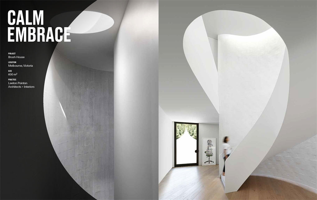 Architecture at the Heart of the Home chapter opener, Calm Embrace, showing a sculptural white curved stair