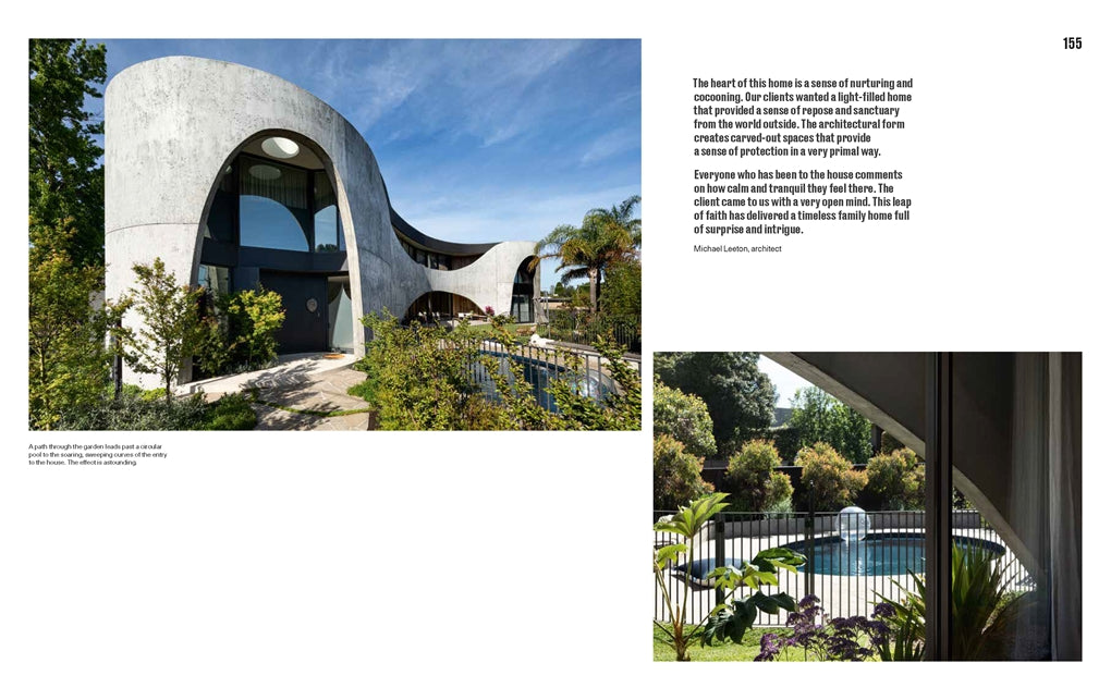 Architecture at the Heart of the Home spread showing a curved concrete house exterior set in subtropical planting