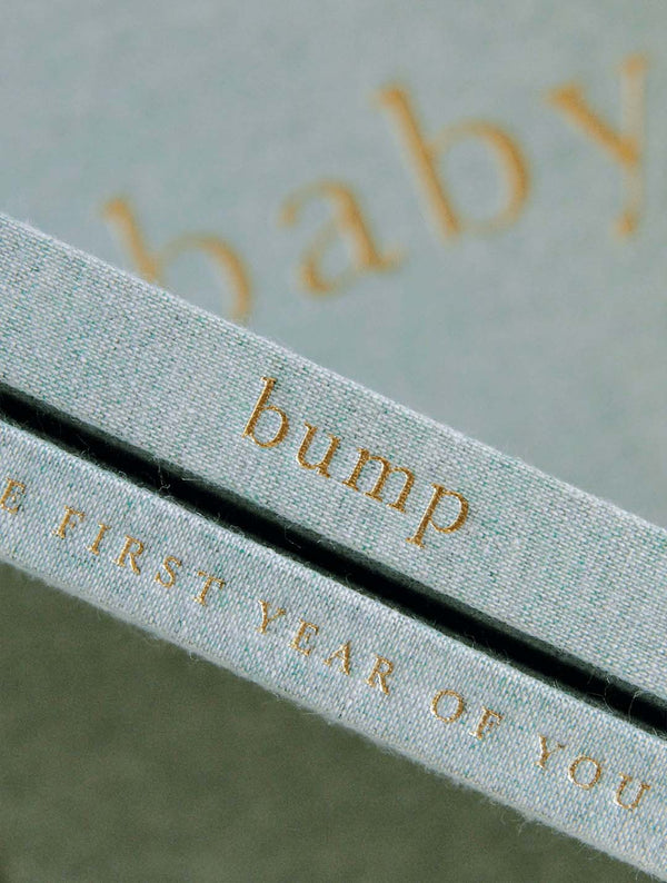 Close-up of the gold embossed titles on stacked Write To Me Bump and Baby journals