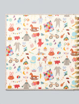 Colorful patterned baby journal notebook cover with various illustrations on a light gray background